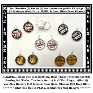 5/$20 PICKLEBALL Game Party Fun - Interchangeable Charm Earrings-5 Pairs in Set